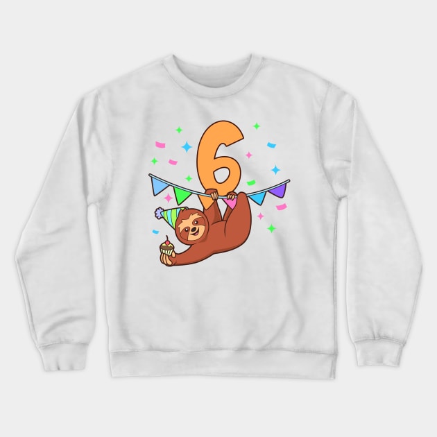 I am 6 with sloth - kids birthday 6 years old Crewneck Sweatshirt by Modern Medieval Design